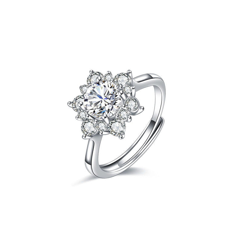Solitaire Cubic Zircon Crushed Ice Cut Stone American Diamond Silver Plated Adjustable Ring