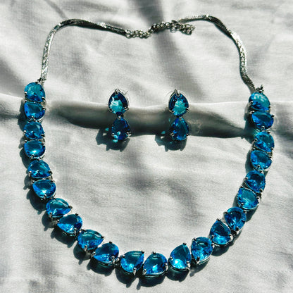 Aqua Blue Sapphire Cubic Zircon Stones Silver Plated Necklace Set