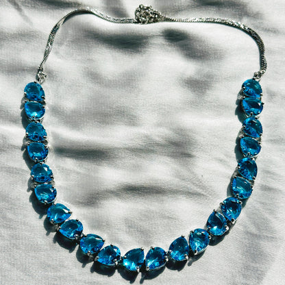 Aqua Blue Sapphire Cubic Zircon Stones Silver Plated Necklace Set