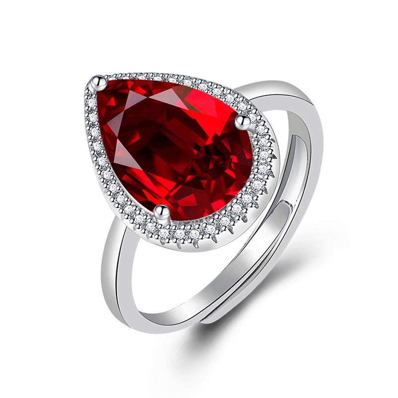 Red Ruby Cubic Zircon Ice Cut Stone American Diamond Silver Plated Adjustable Ring