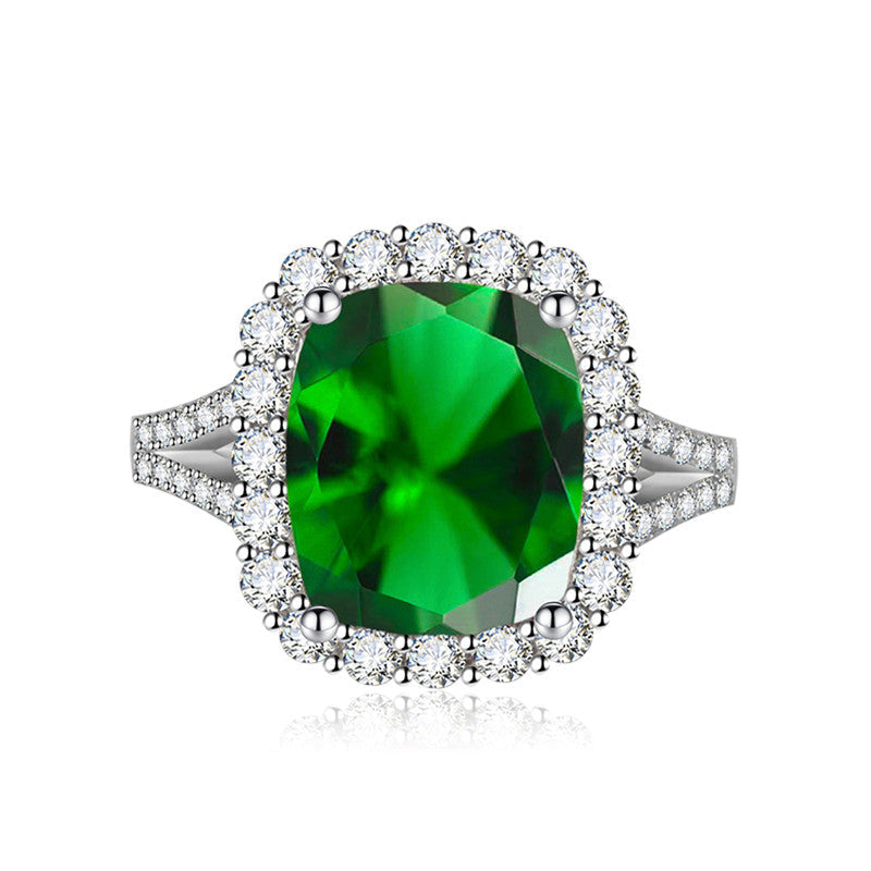 Green Emerald Cubic Zircon Ice Cut Stone American Diamond Silver Plated Adjustable Ring