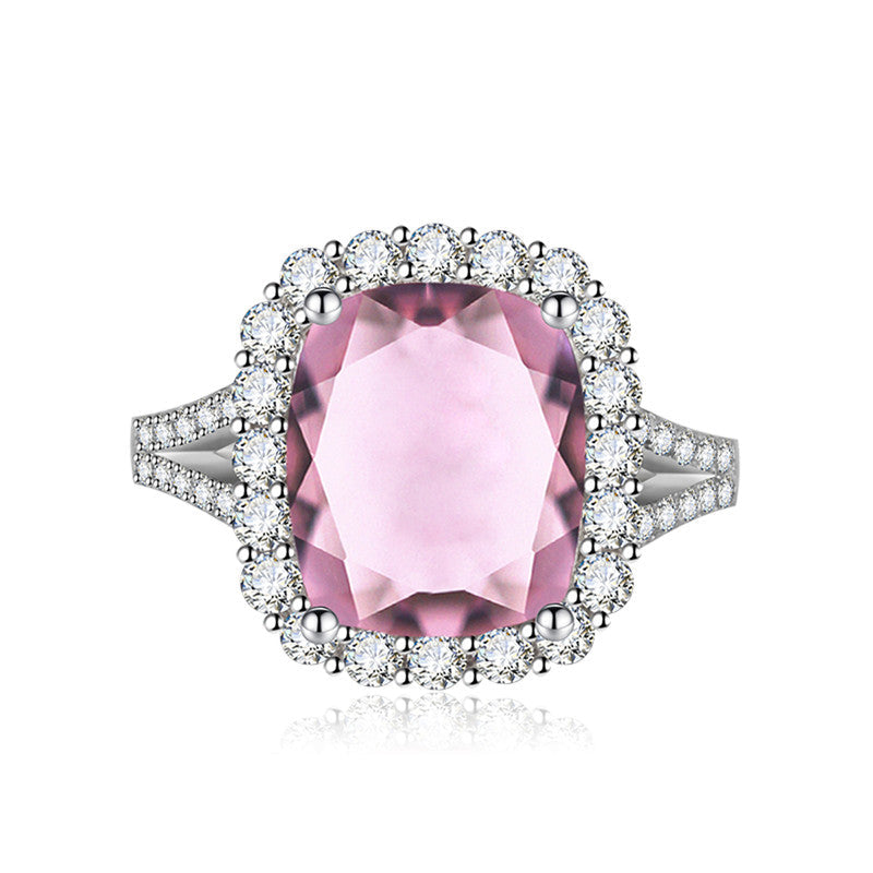 Pink Topaz Cubic Zircon Ice Cut Stone American Diamond Silver Plated Adjustable Ring