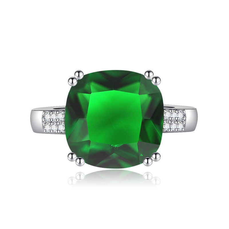 Green Emerald Cubic Zircon Ice Cut Stone American Diamond Silver Plated Adjustable Ring