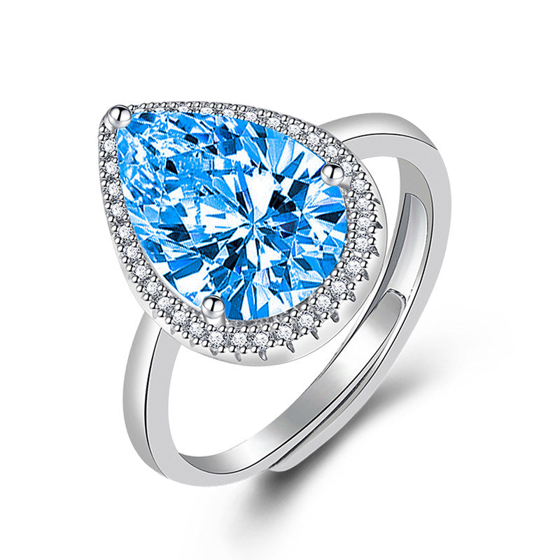 Aqua Blue Sapphire Cubic Zircon Ice Cut Stone American Diamond Silver Plated Adjustable Ring