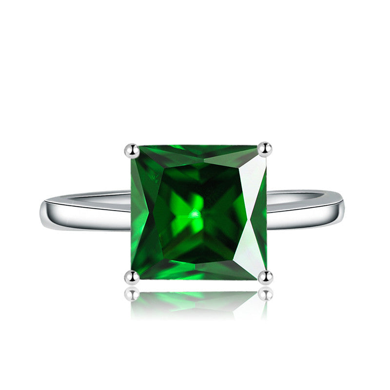 Green Emerald Cubic Zircon Ice Cut Stone Silver Plated Adjustable Ring