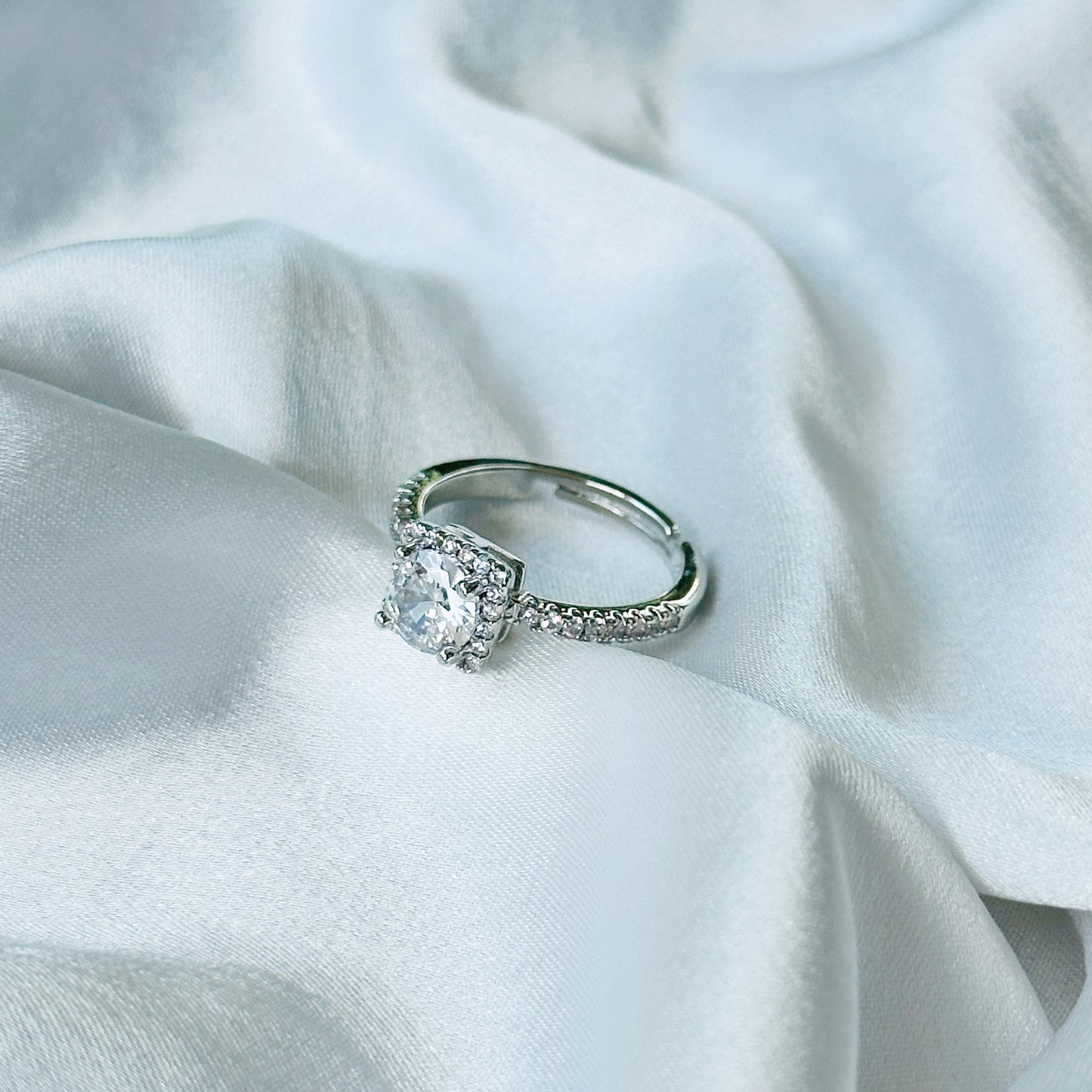 American Diamond Ice Cut Stone American Diamond Silver Plated Adjustable Ring
