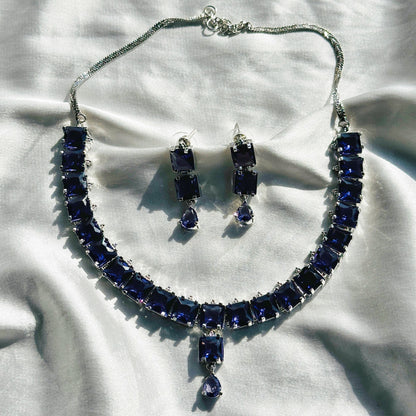 Deep Purple Amethyst Cubic Zircon Stones Silver Plated Necklace Set