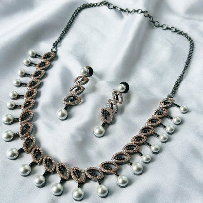 Black Cubic Zircon Stones American Diamond Victorian Plated Necklace Set