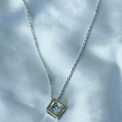 Solitaire Cubic Zircon American Diamond Silver Plated Stainless Steel Necklace