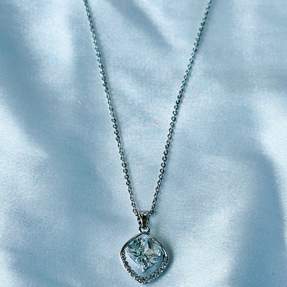 Solitaire Cubic Zircon American Diamond Silver Plated Stainless Steel Necklace