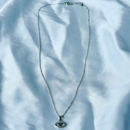 Evil Eye Design American Diamond Silver Plated Stainless Steel Necklace