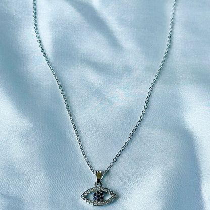 Evil Eye Design American Diamond Silver Plated Stainless Steel Necklace