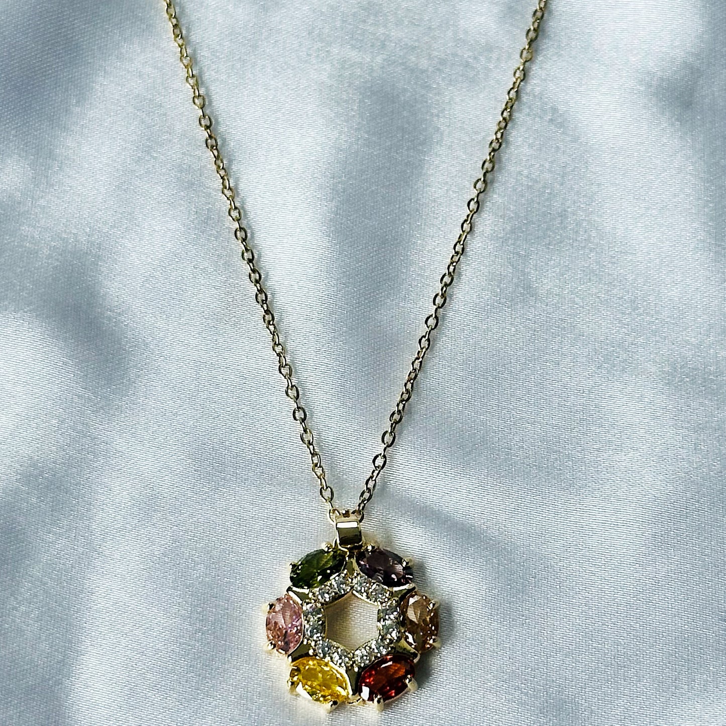 Multi Color Cubic Zircon American Diamond Gold Plated Stainless Steel Necklace
