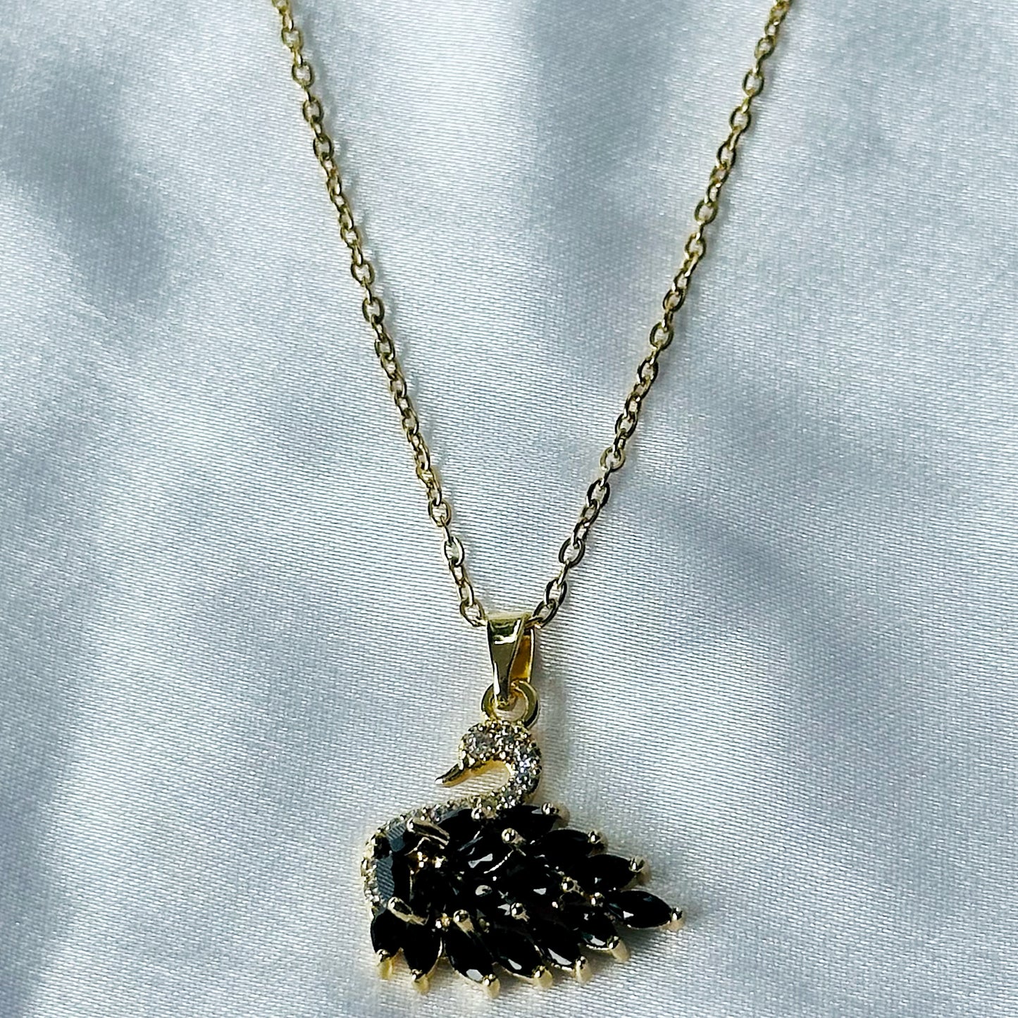 Crystal Black Swan Design American Diamond Gold Plated Stainless Steel Necklace