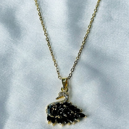 Crystal Black Swan Design American Diamond Gold Plated Stainless Steel Necklace