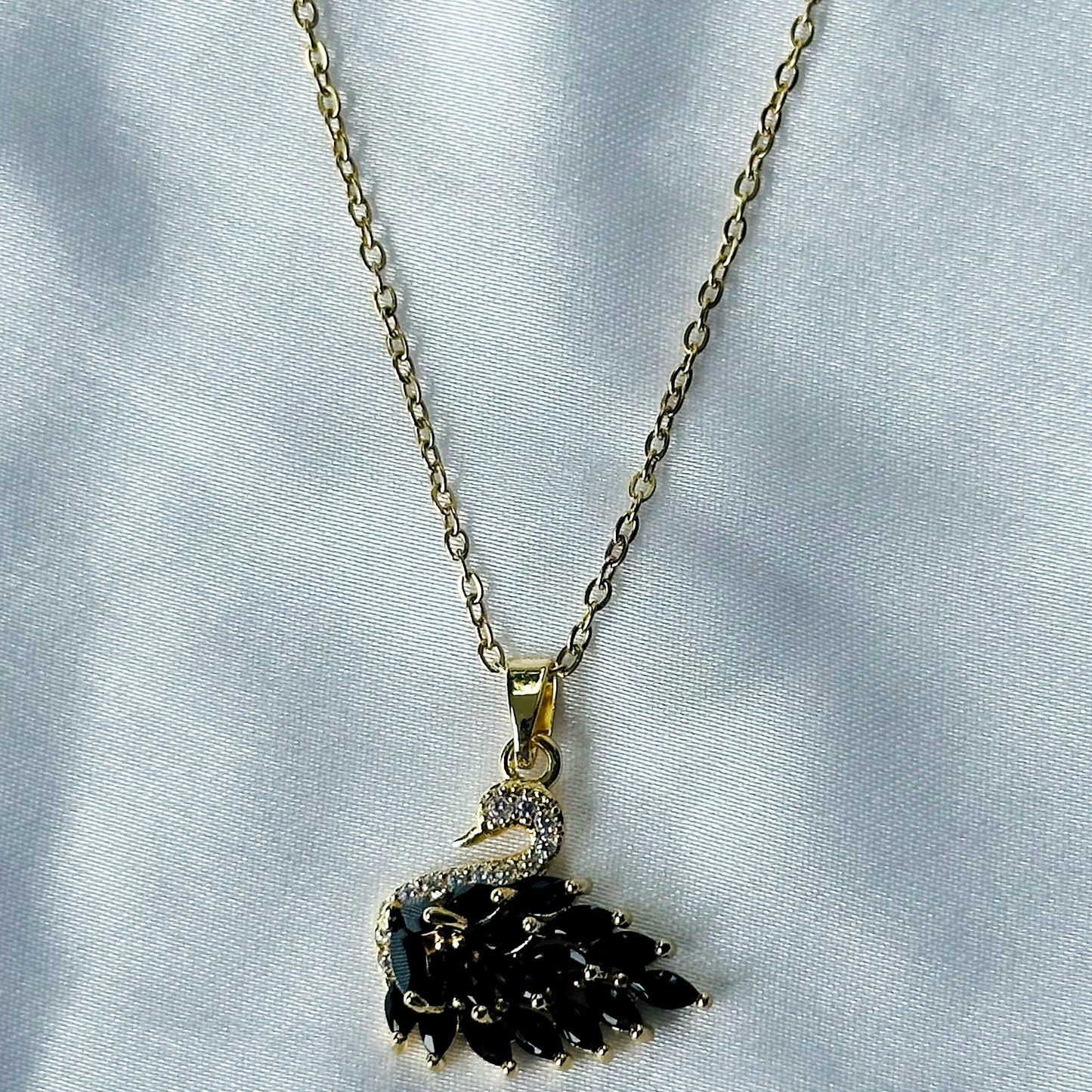 Crystal Black Swan Design American Diamond Gold Plated Stainless Steel Necklace