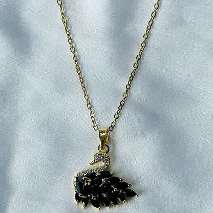 Crystal Black Swan Design American Diamond Gold Plated Stainless Steel Necklace