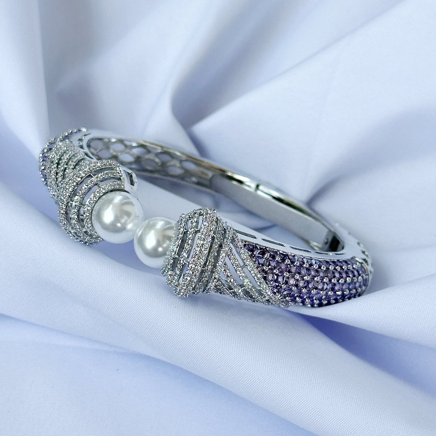 Light Purple Amethyst Cubic Zircon American Diamond Silver Plated Bangle Bracelet
