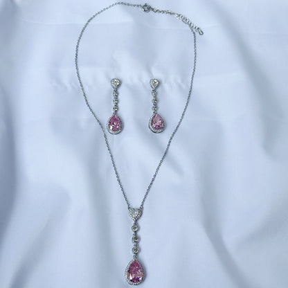 Pink Topaz Cubic Zircon American Diamond Silver Plated Pendant Set