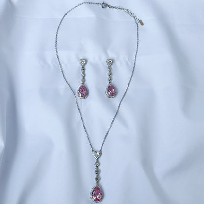 Pink Topaz Cubic Zircon American Diamond Silver Plated Pendant Set