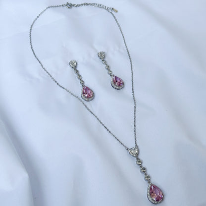 Pink Topaz Cubic Zircon American Diamond Silver Plated Pendant Set