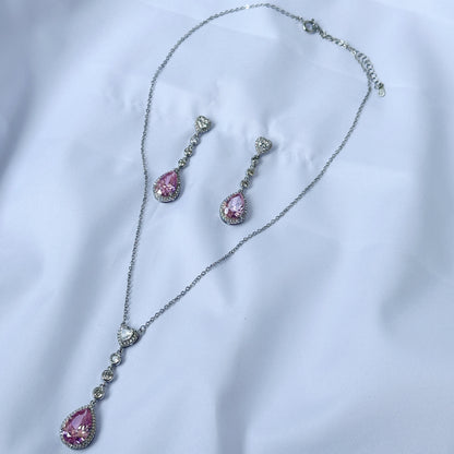 Pink Topaz Cubic Zircon American Diamond Silver Plated Pendant Set