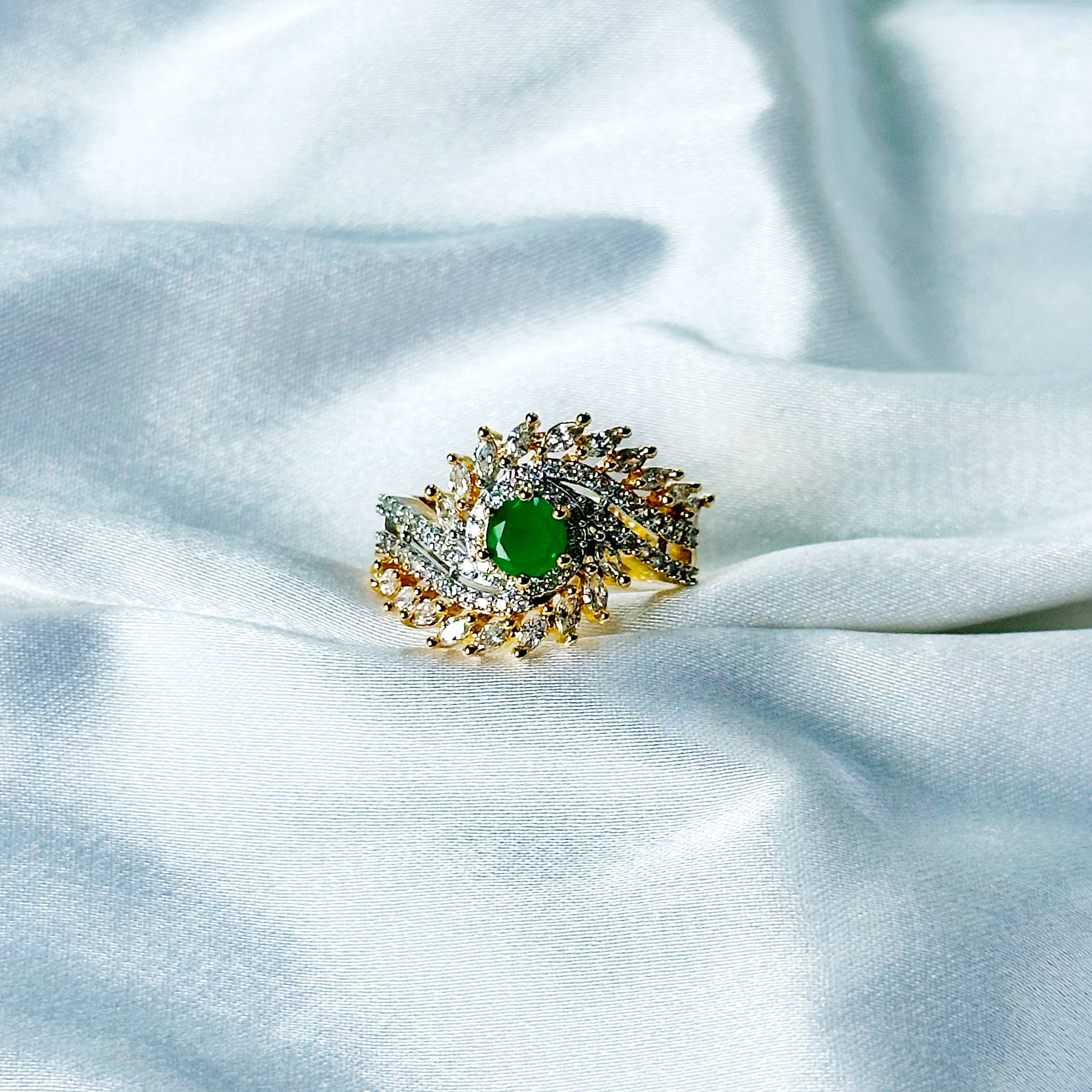 Green Emerald Cubic Zircon American Diamond Gold/Silver Plated Adjustable Ring