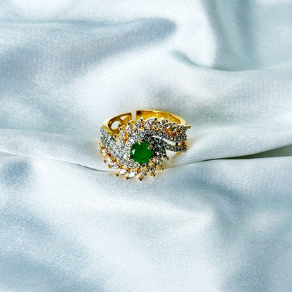 Green Emerald Cubic Zircon American Diamond Gold/Silver Plated Adjustable Ring