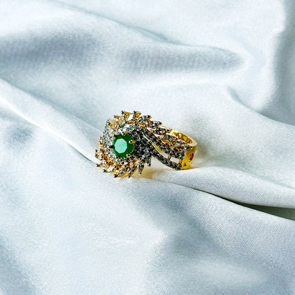Green Emerald Cubic Zircon American Diamond Gold/Silver Plated Adjustable Ring