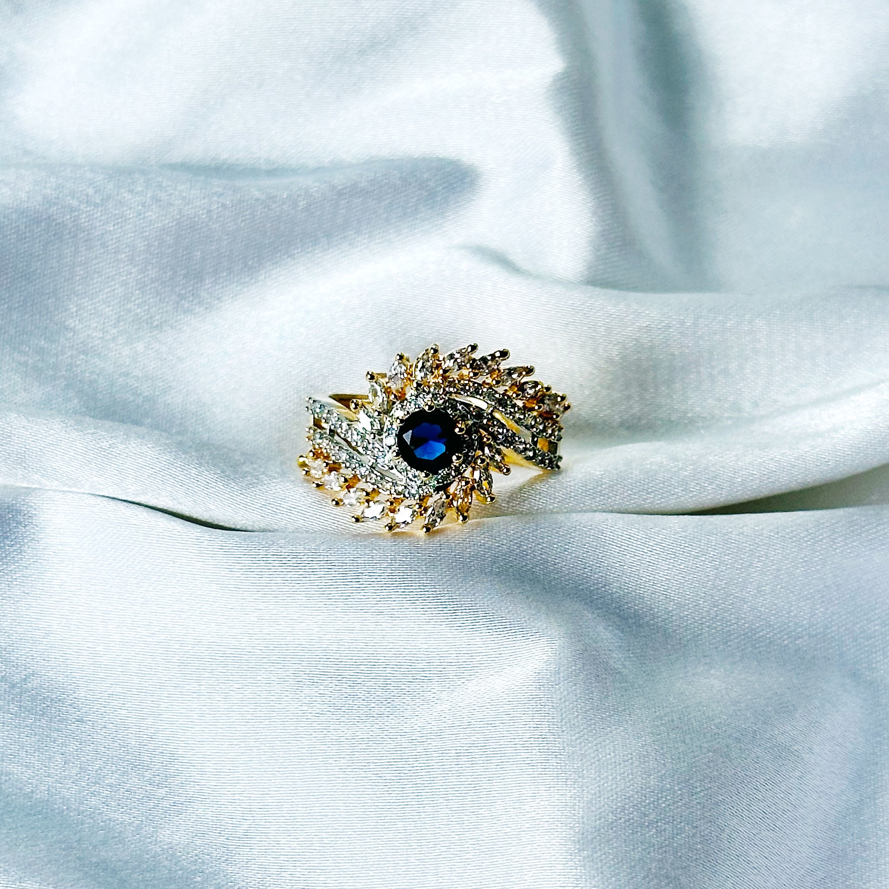 Blue Sapphire Cubic Zircon American Diamond Gold/Silver Plated Adjustable Ring