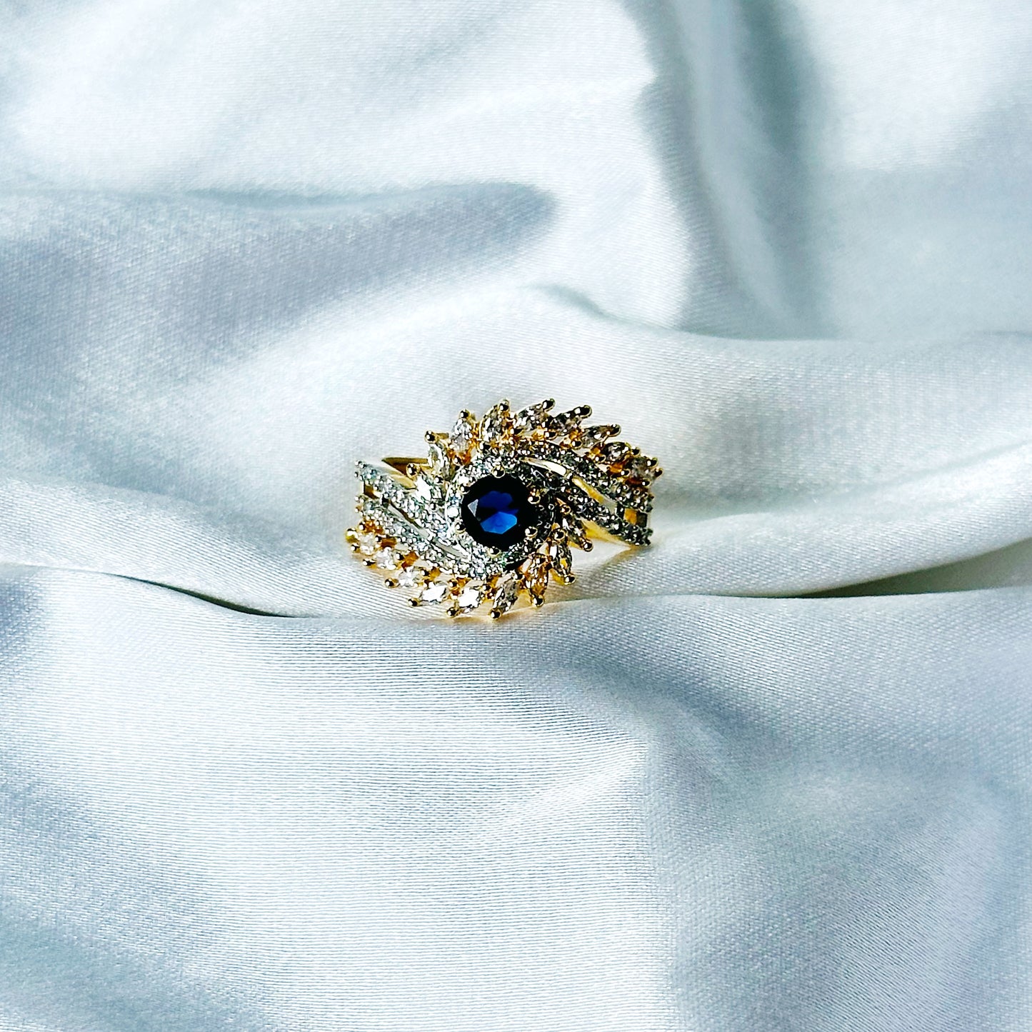 Blue Sapphire Cubic Zircon American Diamond Gold/Silver Plated Adjustable Ring