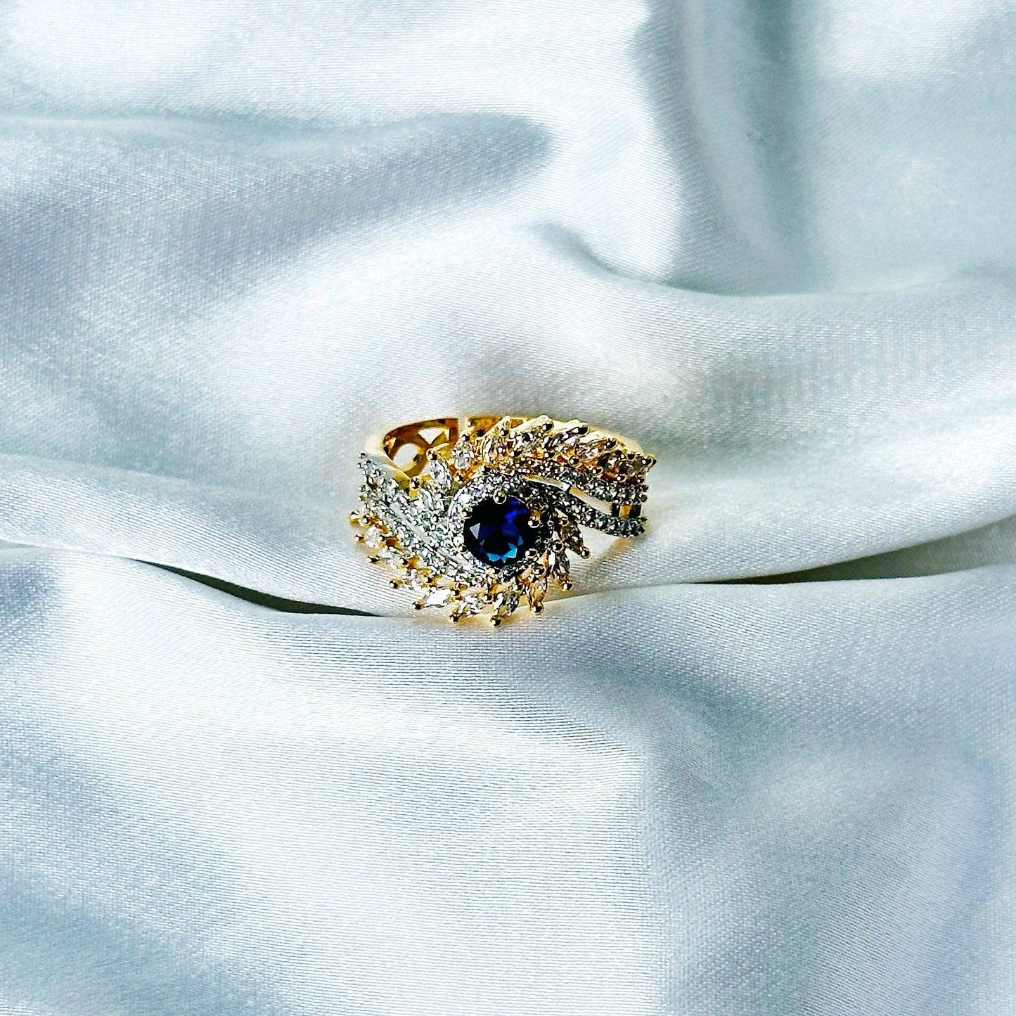 Blue Sapphire Cubic Zircon American Diamond Gold/Silver Plated Adjustable Ring