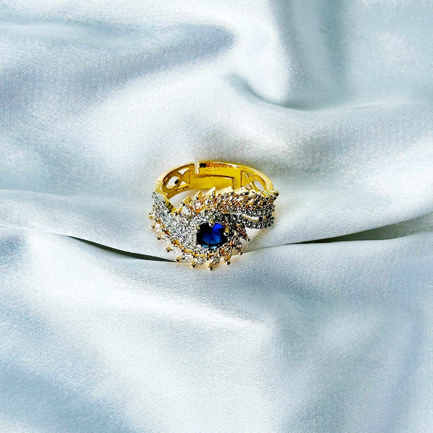 Blue Sapphire Cubic Zircon American Diamond Gold/Silver Plated Adjustable Ring