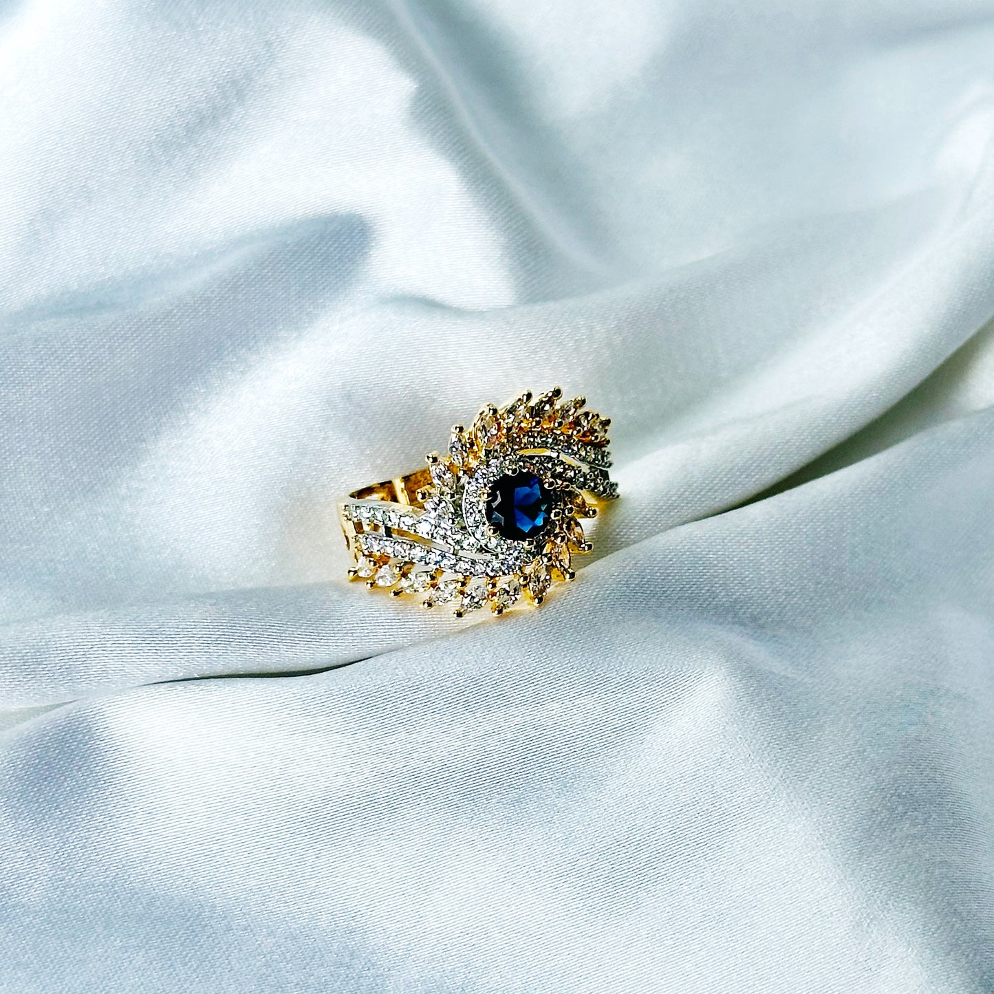Blue Sapphire Cubic Zircon American Diamond Gold/Silver Plated Adjustable Ring
