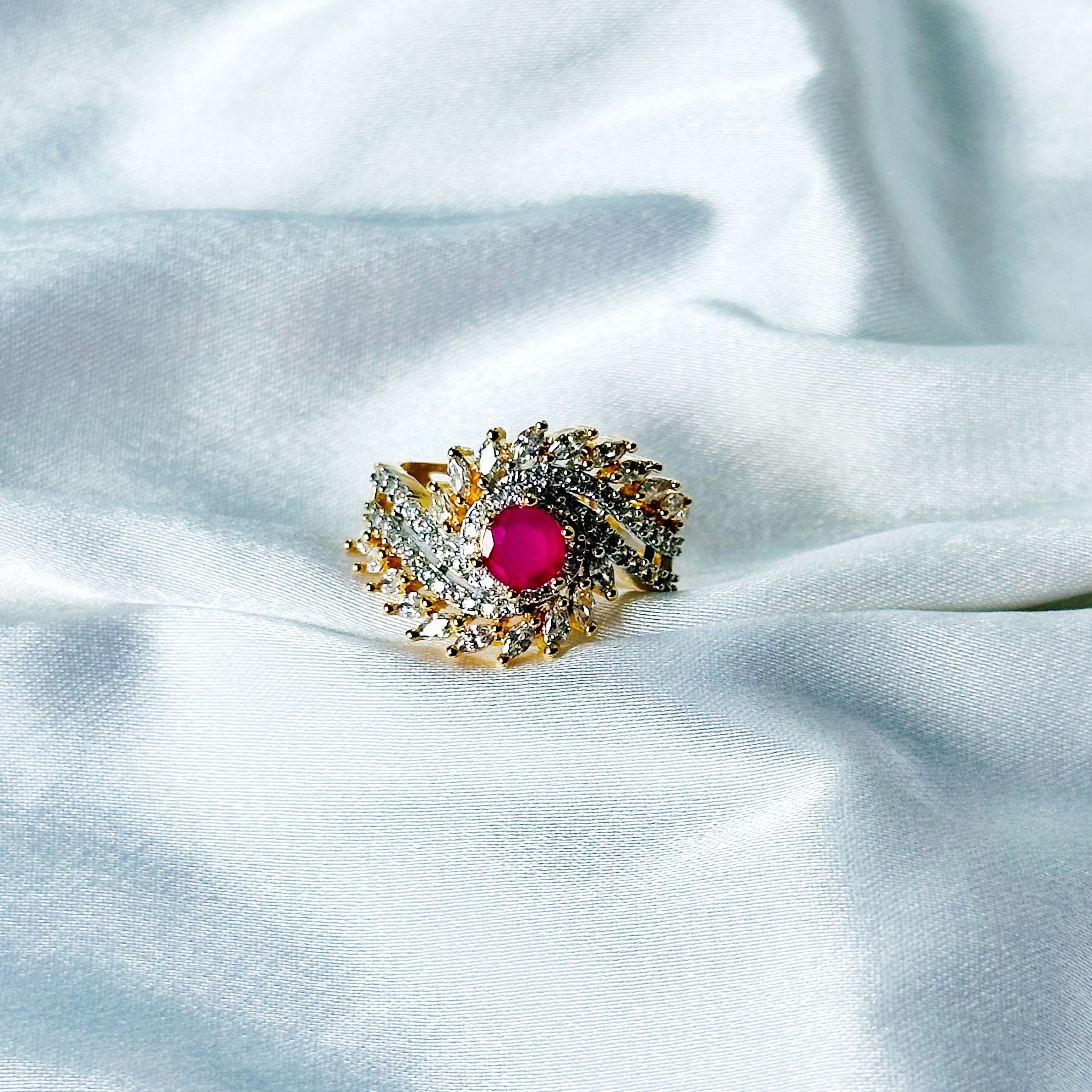 Red Ruby Cubic Zircon American Diamond Gold/Silver Plated Adjustable Ring
