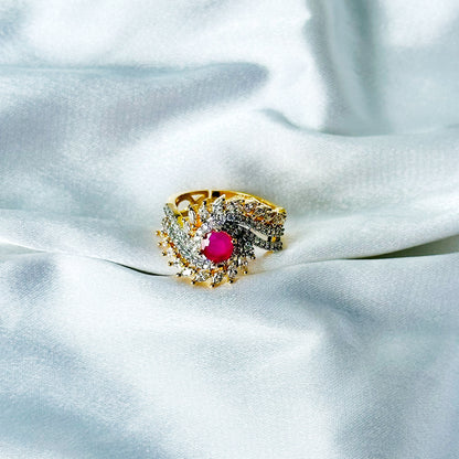 Red Ruby Cubic Zircon American Diamond Gold/Silver Plated Adjustable Ring