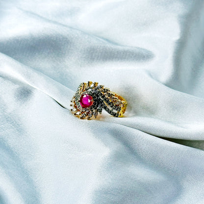 Red Ruby Cubic Zircon American Diamond Gold/Silver Plated Adjustable Ring