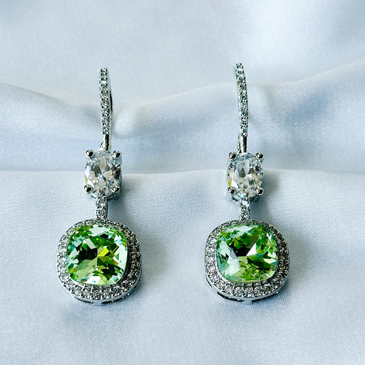 Green Peridot Swarovski Crystal American Diamond Silver Plated Earrings