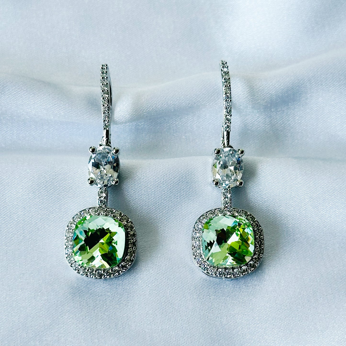 Green Peridot Swarovski Crystal American Diamond Silver Plated Earrings