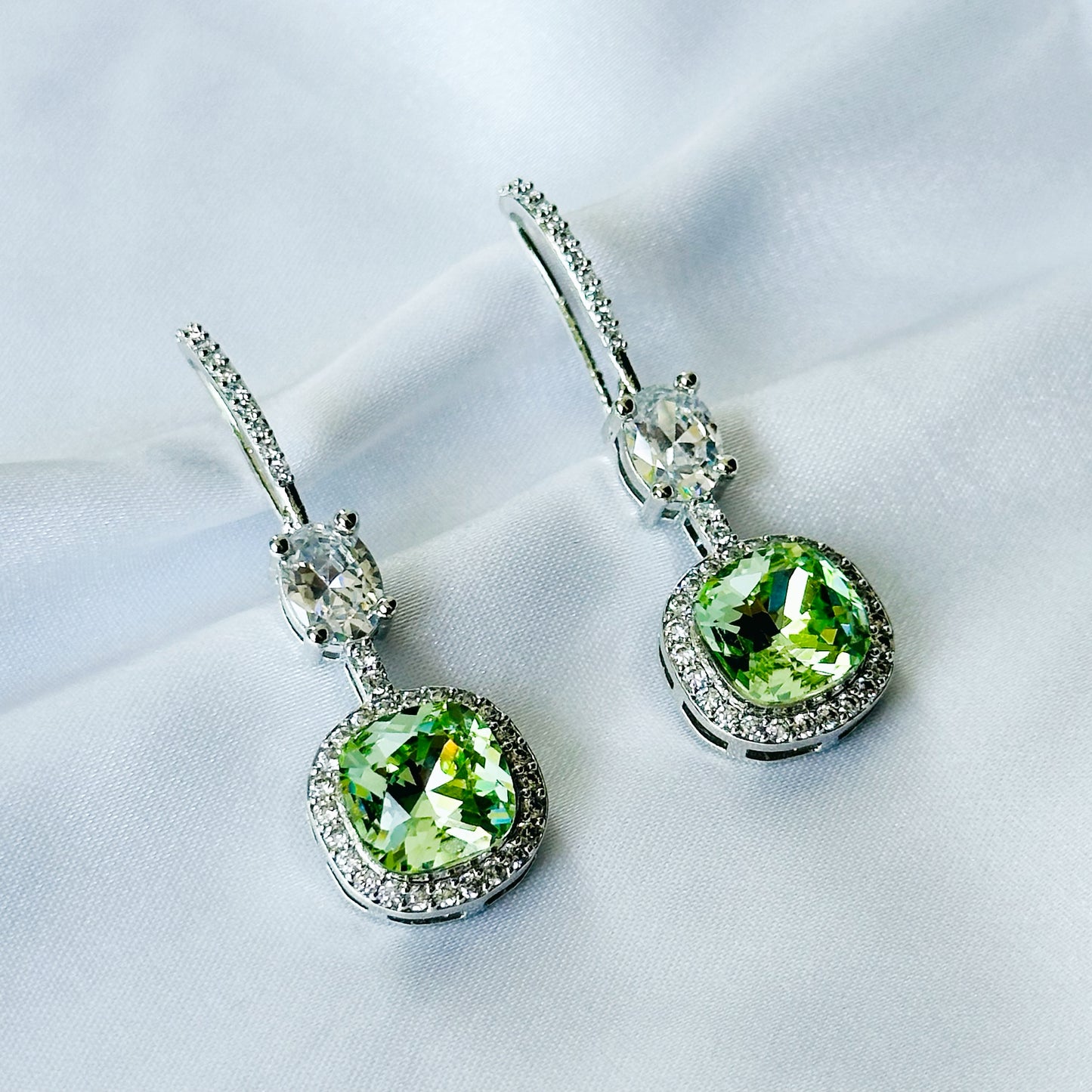 Green Peridot Swarovski Crystal American Diamond Silver Plated Earrings
