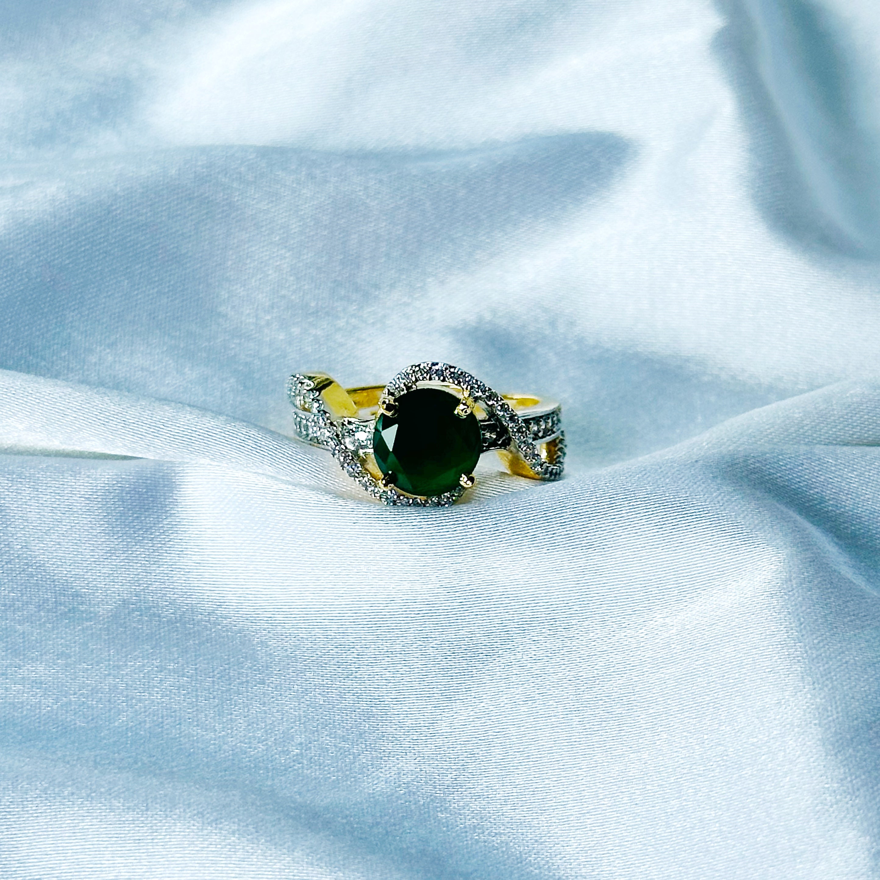 Green Emerald Cubic Zircon American Diamond Gold/Silver Plated Adjustable Ring