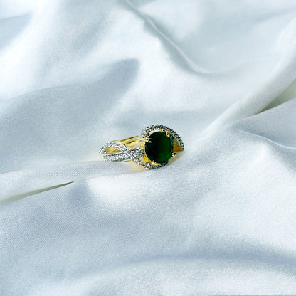 Green Emerald Cubic Zircon American Diamond Gold/Silver Plated Adjustable Ring