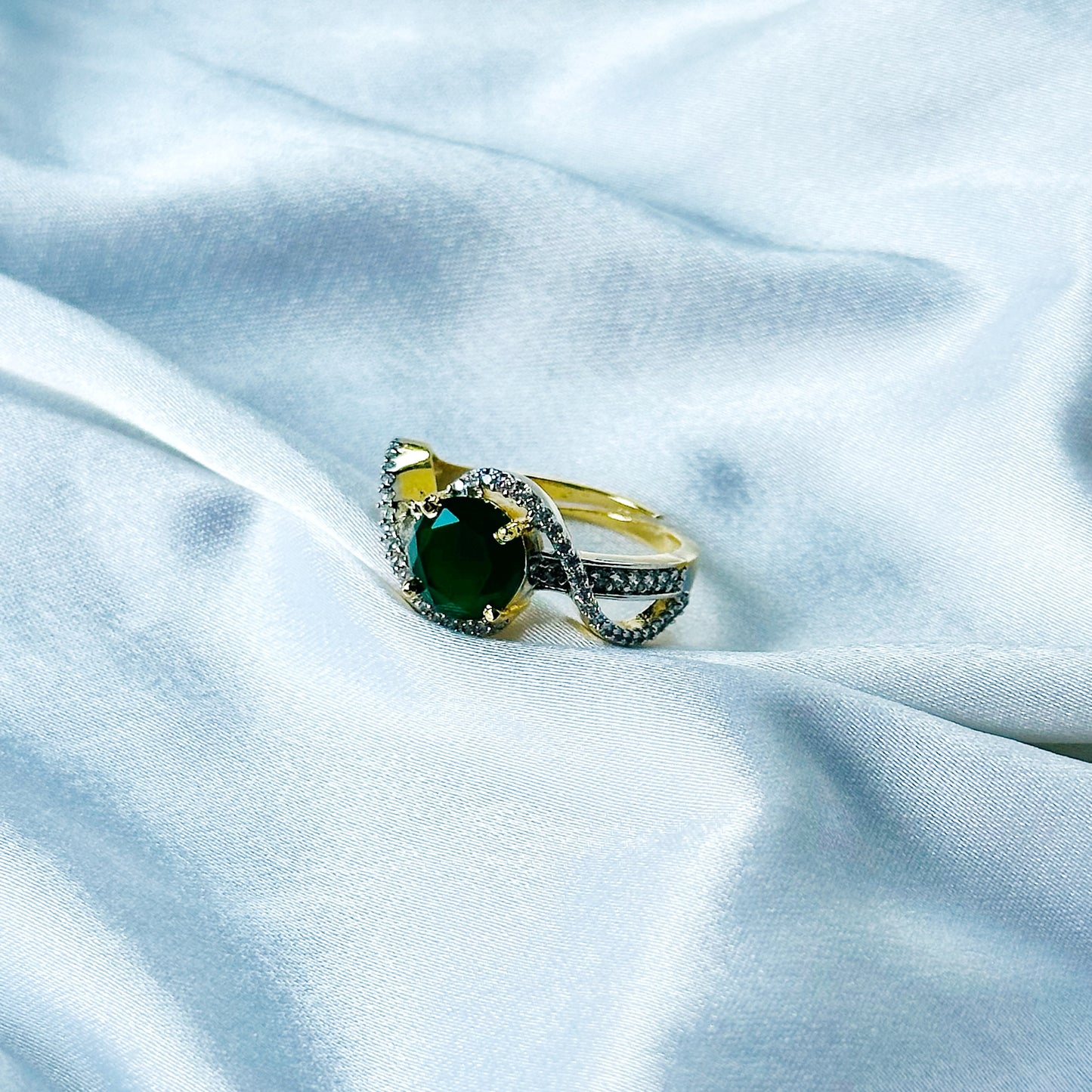 Green Emerald Cubic Zircon American Diamond Gold/Silver Plated Adjustable Ring