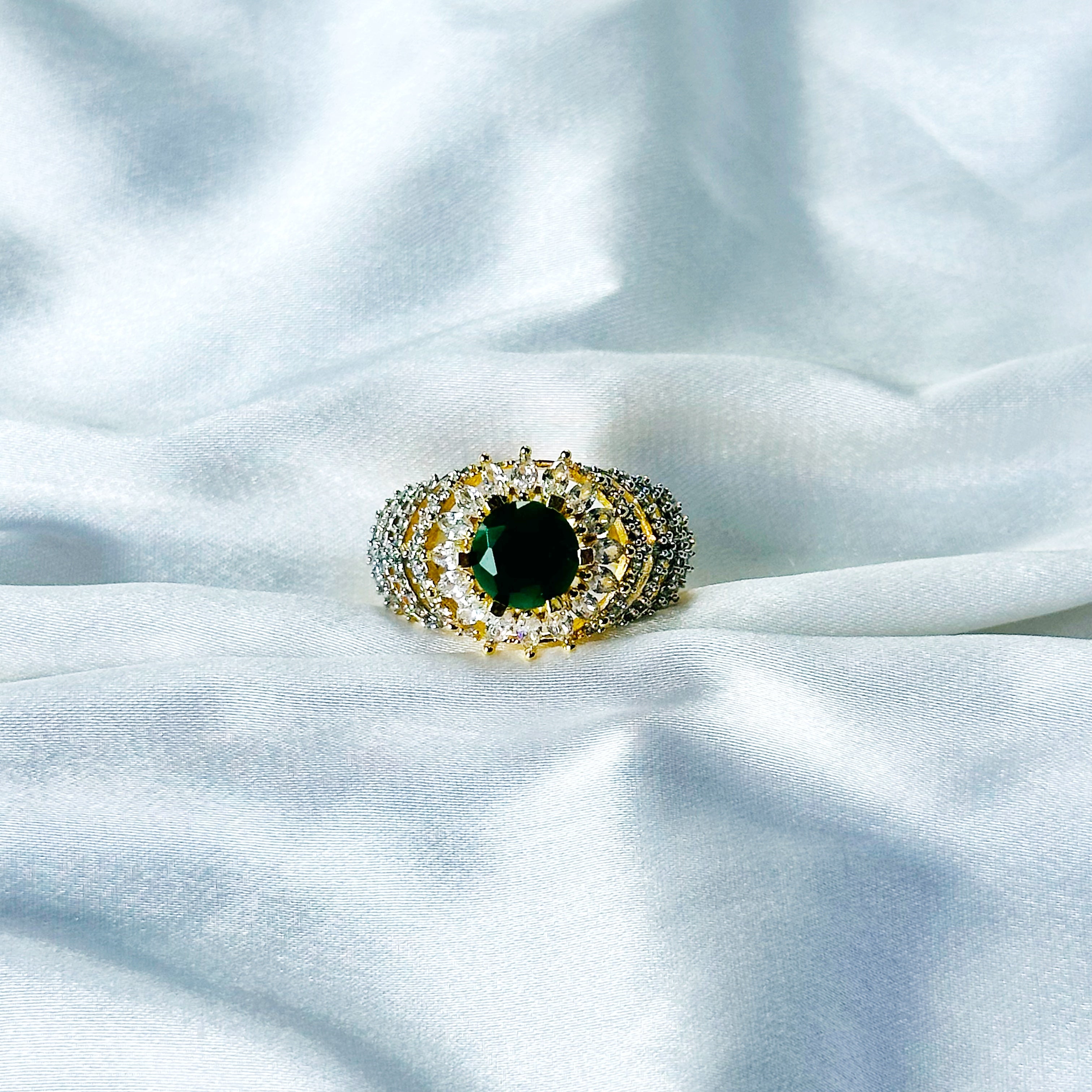 Green Emerald Cubic Zircon American Diamond Gold/Silver Plated Adjustable Ring