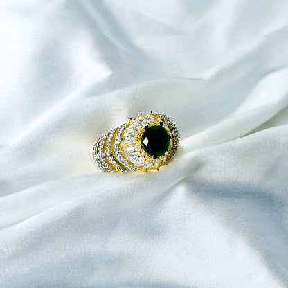 Green Emerald Cubic Zircon American Diamond Gold/Silver Plated Adjustable Ring