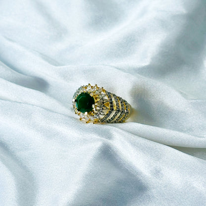 Green Emerald Cubic Zircon American Diamond Gold/Silver Plated Adjustable Ring