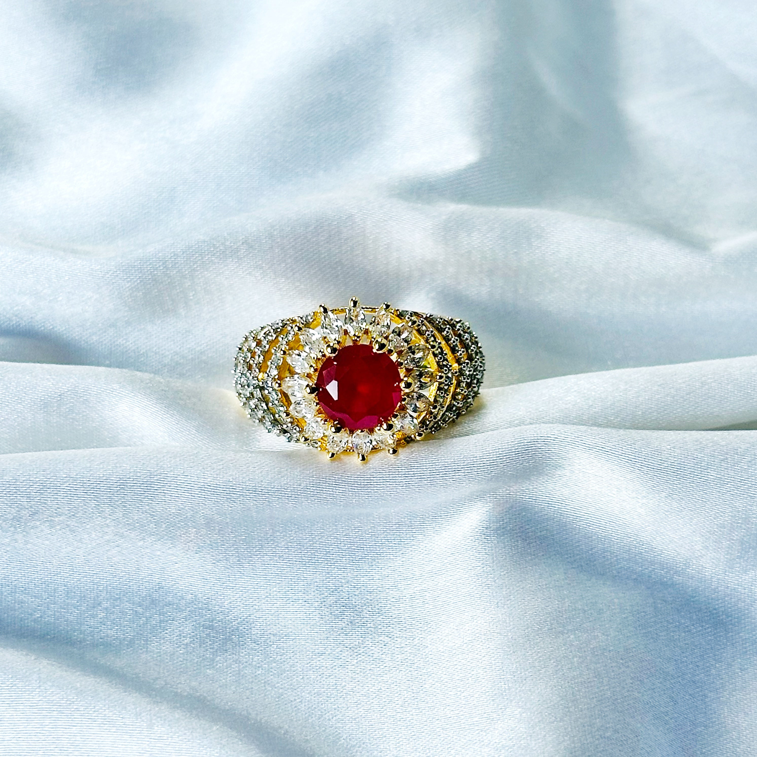 Red Ruby Cubic Zircon American Diamond Gold/Silver Plated Adjustable Ring
