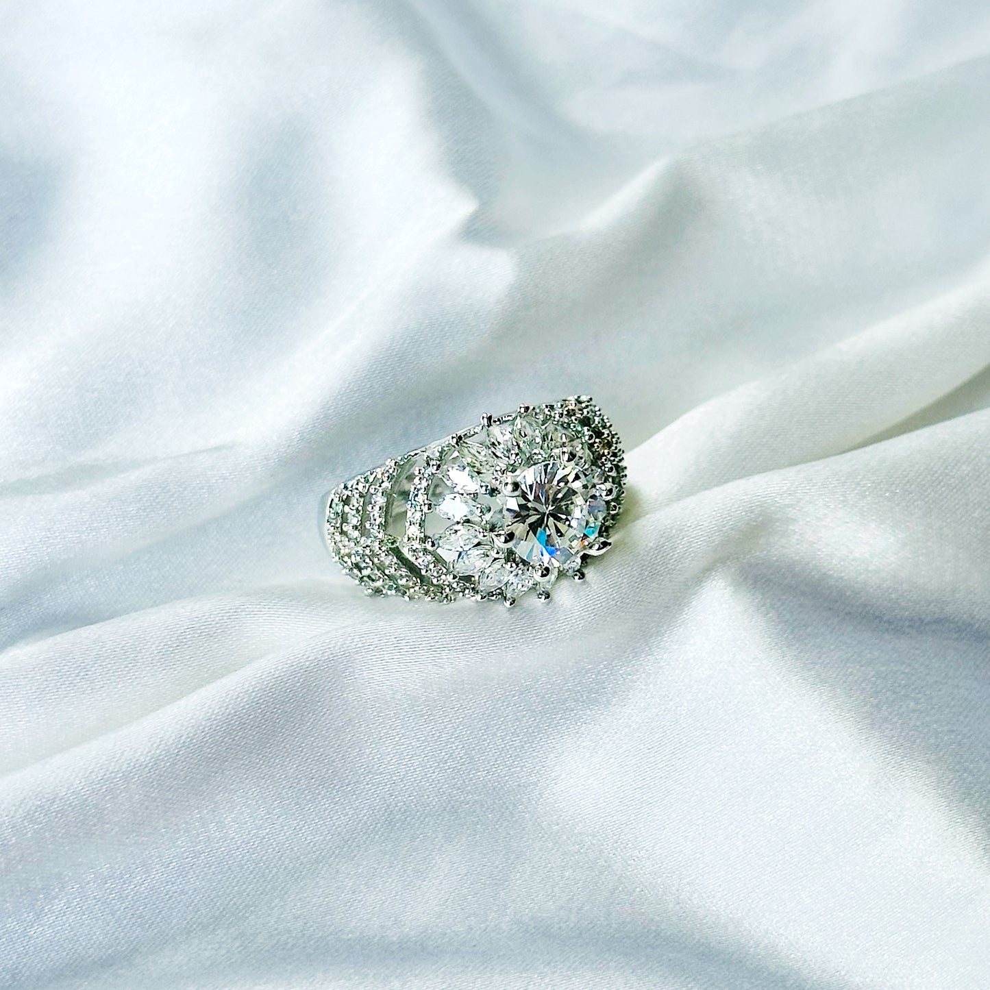 Solitaire Cubic Zircon American Diamond Silver Plated Adjustable Ring