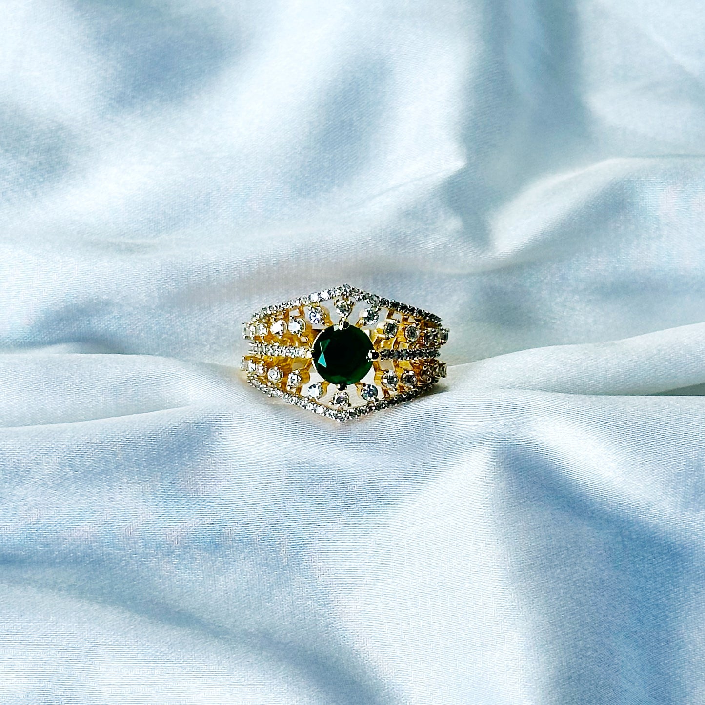 Green Emerald Cubic Zircon American Diamond Gold/Silver Plated Adjustable Ring