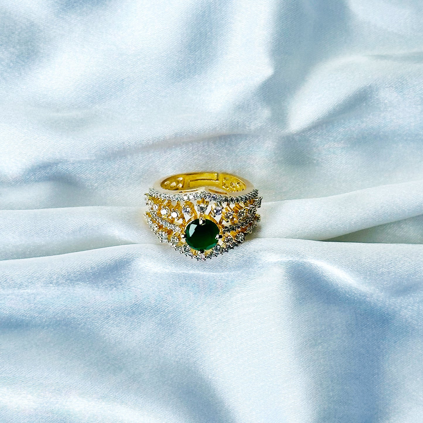 Green Emerald Cubic Zircon American Diamond Gold/Silver Plated Adjustable Ring